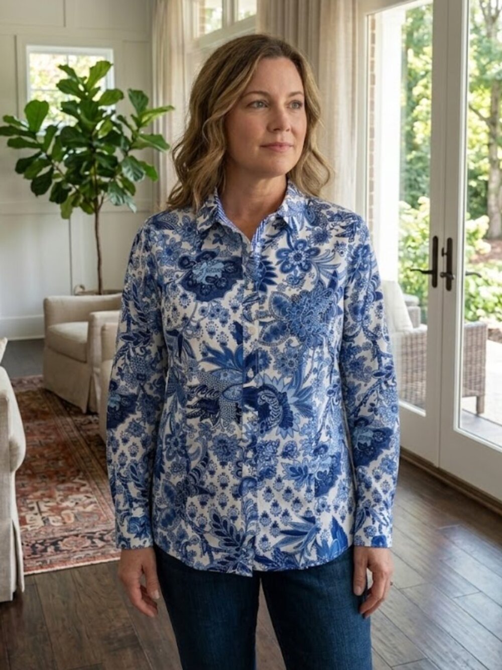 Talbots Sz 14 Petite Non-Iron Blue Paisley Long Sleeve Shirt Blouse Coastal Chic